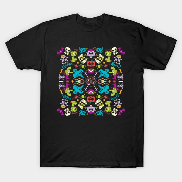 Spooky Halloween characters and symbols celebrating in a colorful pattern design T-Shirt by zooco